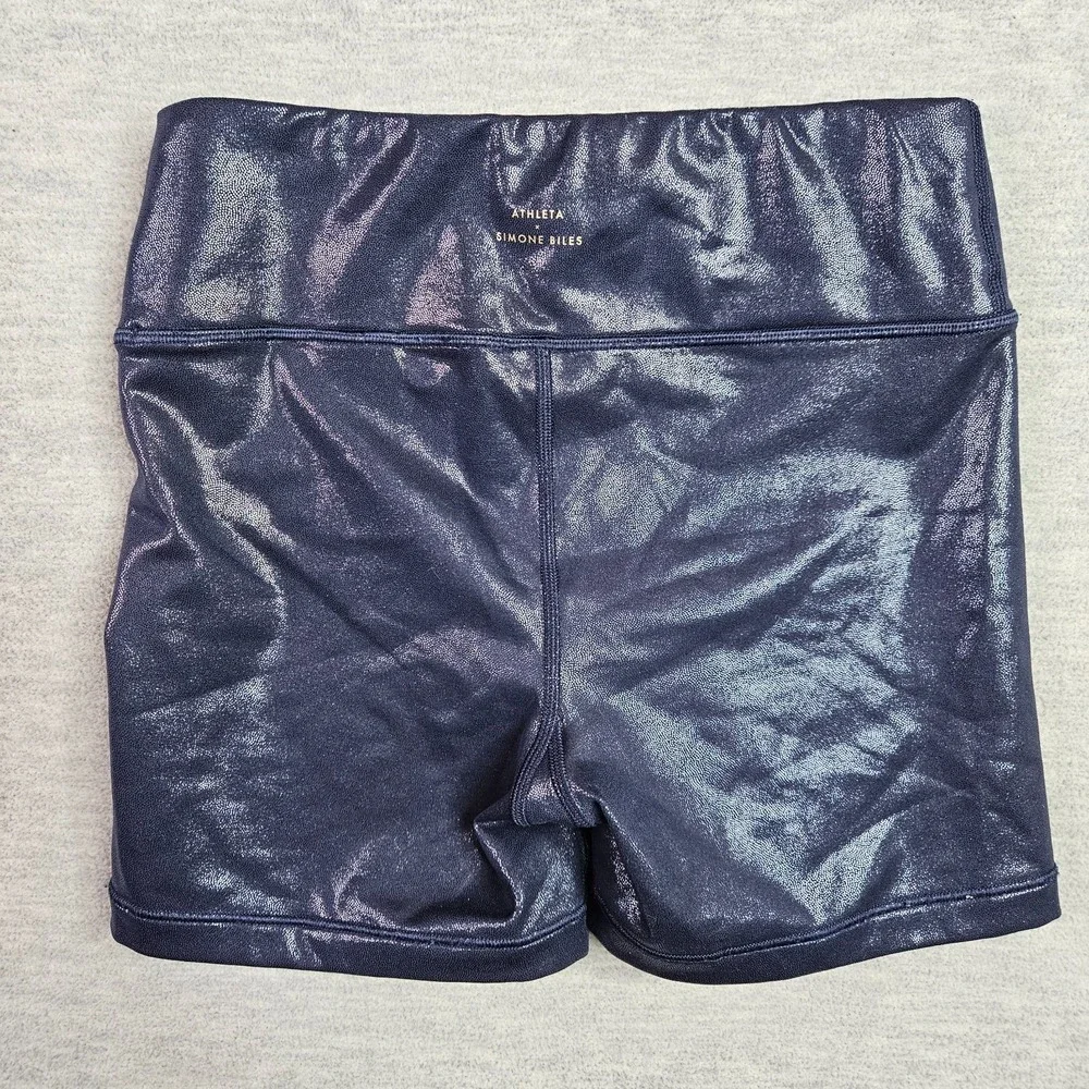 Athleta x Simon Biles Girl Shine Shorts Size L 12 Blue Metallic Gym Workout
